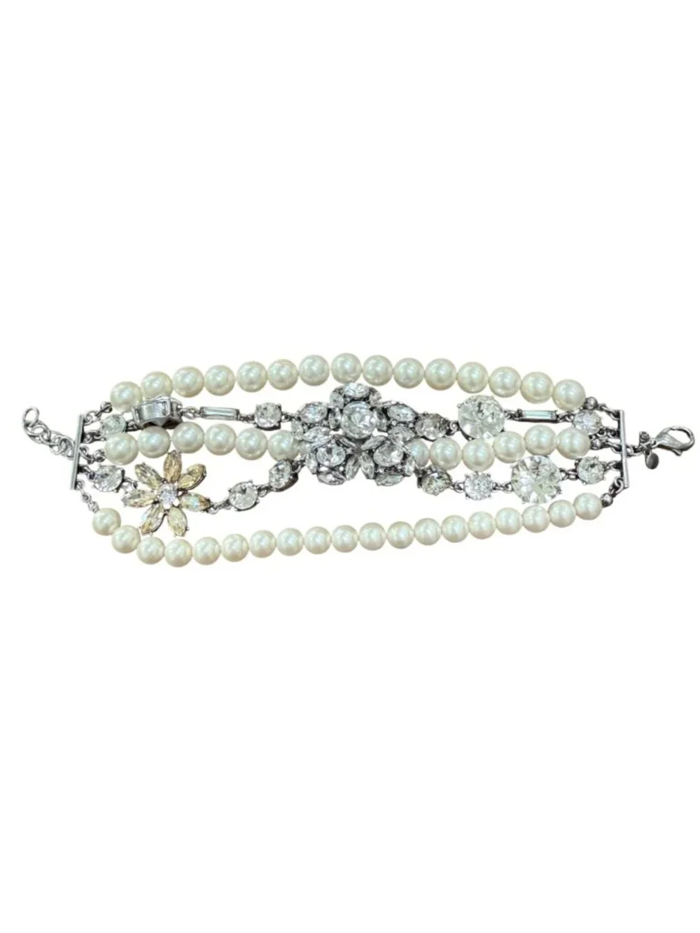 Ann Taylor Bracelet Faux Pearls Rhinestones Formal Silver Tone 7.5-8.5 inches